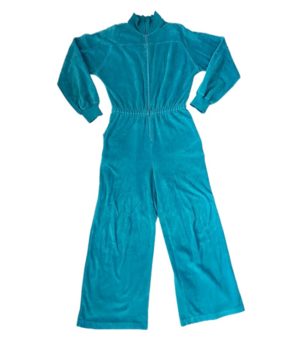 vintage 80s David Brown I Magnin teal velour zip front jumpsuit size XS USA
